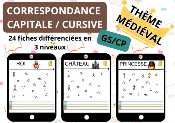 Apercu JEU DIFFERENCIE Lecture et ecriture GS CP MEDIEVAL Majuscule cursive