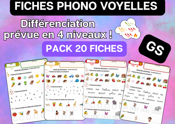 Apercu Pack fiches PHONO – Voyelles A U I O OU   20 fiches differenciees