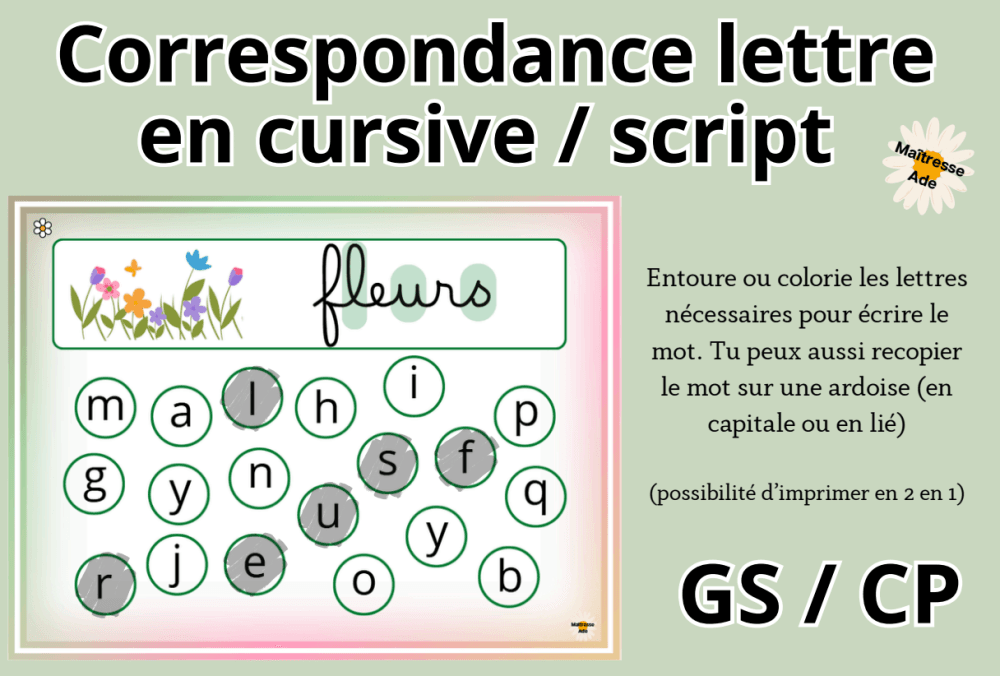 Pr Cusrive ๐ Atelier/jeu โ GS/CP โ 24 fiches โ Lettres en script/cursive ...