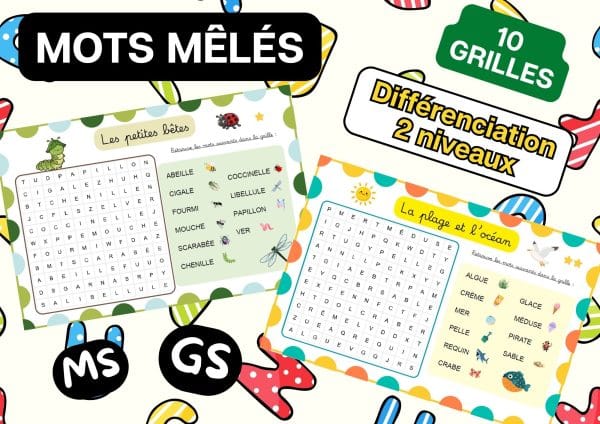 Aperçu mots mêlés 10 grilles printemps été MS GS