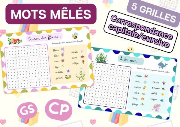 Aperçu mots mêlés cursive 5 grilles printemps été GS CP
