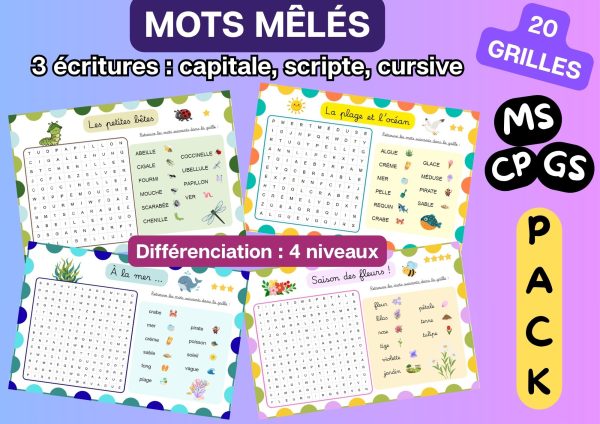 Aperçu pack 20 grilles mots mêlés printemps été 4 niveaux ms gs cp