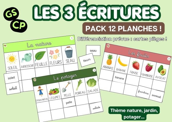 Aperçu les 3 écritures mots en 3 costumes GS CP nature jardin potager