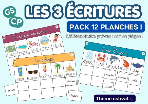 Aperçu les 3 écritures mots en 3 costumes GS CP plage océan mer été