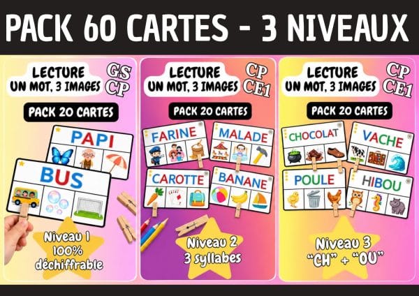 Aperçu carte à pince un mot 3 images PACK 60 cartes GS CP CE1