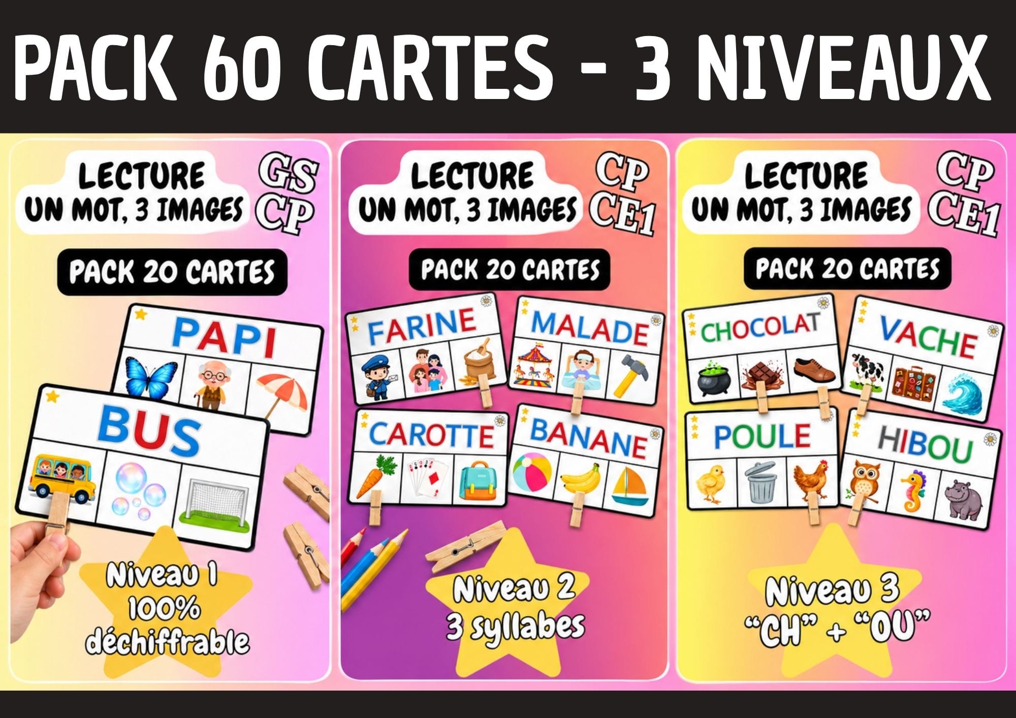 Aperçu carte à pince un mot 3 images PACK 60 cartes GS CP CE1